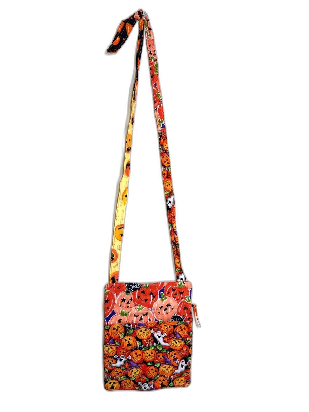 Handmade Vintage Fabric Halloween Crossbody Bag Spooky Patchwork Pumpkin Purse